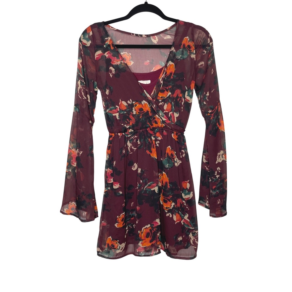 Abercrombie & Fitch Mini Dress Womens XS Burgundy Floral Bell Sleeve Wrap Front